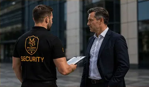 Uniformed security officer discussing a security assessment with a business client