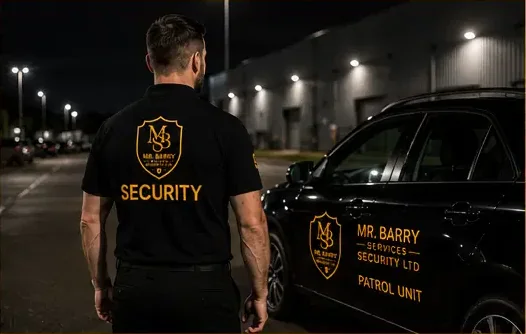 Uniformed security officer beside a branded mobile patrol vehicle at night