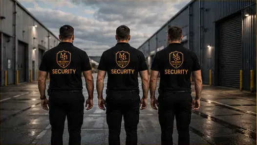 Three uniformed security officers standing together on an industrial site
